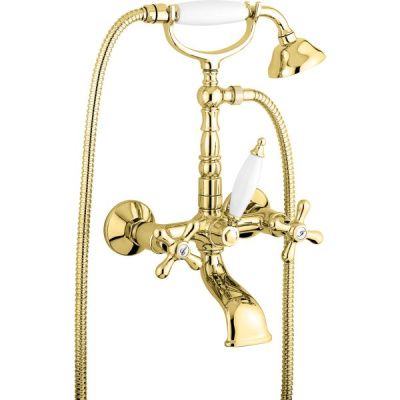 Emmevi Deco Old, 12611-16/OR, двухвентильный смеситель для ванны (излив 14 см), с набором для душа (лейка и дивертер с белой ручкой), цвет золото  