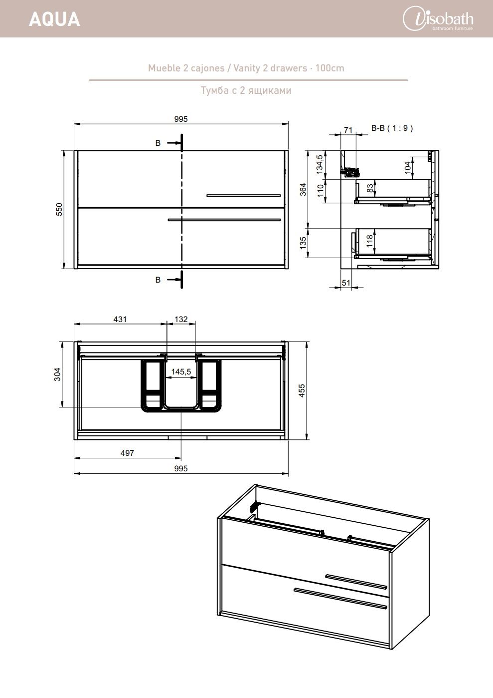 Купить visobath aqua, тумба 100 см, 2 ящика c хромированными ручками, цвет светло-синий матовый (avio) оптом