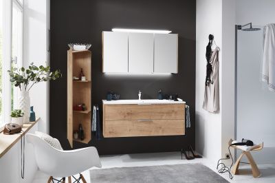 Купить puris d.light 120 см: зеркальный шкаф с led подсветкой, тумба, пенал 40 см левый (1 дверь) и белая рак из мин литья, цвет мебели дуб натуральный