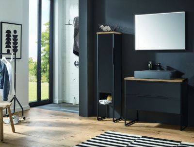 Купить puris aspekt 90 см: тумба (2 ящика), пенал на ножках (1 дверь, 1 ящик и полочка), столешница и черная накладная керамическая раковина, цвет мебели сер