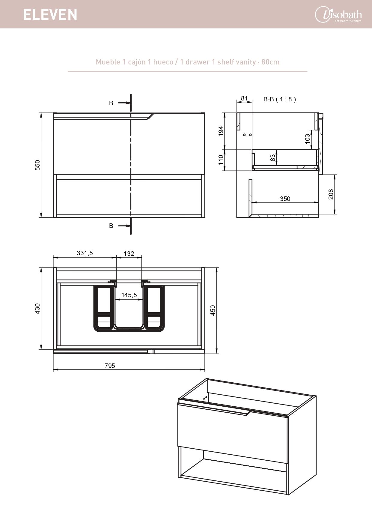 Купить visobath eleven, тумба 80 см, 1 ящик и 1 открытая полка, цвет пепельный матовый лак (ceniza) оптом
