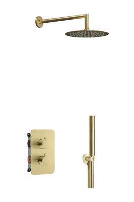 Купить aqg aqua, душевой комплект на 2 потребителя:c термостатом, с круглым верхним душем 25х25 см и кронштейном, цвет матовое золото (pvd) оптом