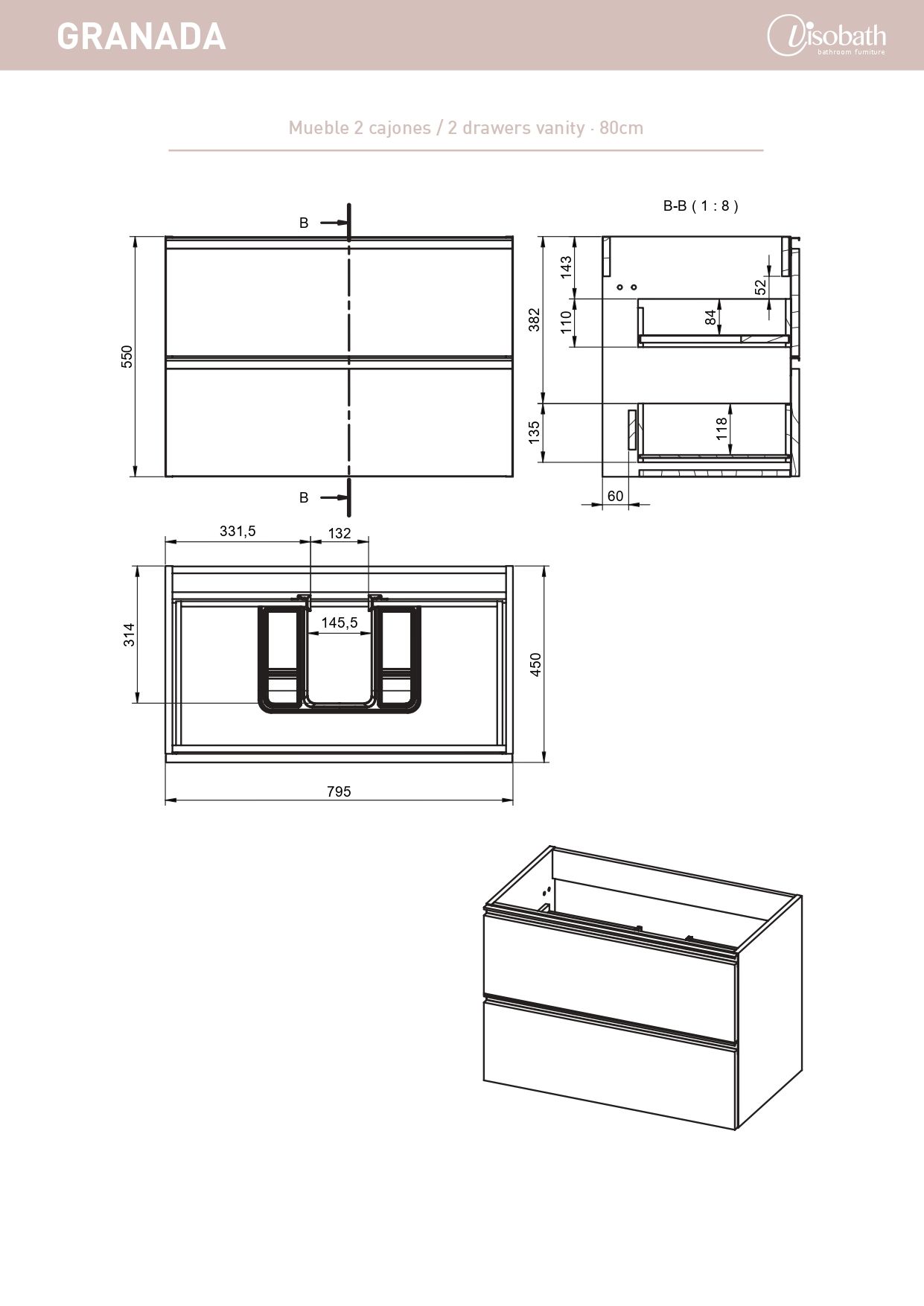 Купить visobath granada, тумба 80 см, 2 ящика c черными ручками, цвет кварцевый матовый лак (quarzo) оптом