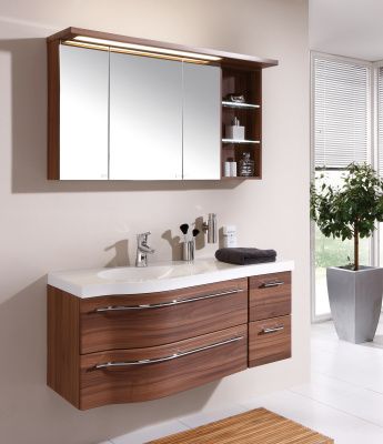 Купить puris swing 120 см правый: зеркальный шкаф с подсветкой, тумба (4 ящика), пенал 30 см левый (1 дверь) и белая раковина из мин литья, цвет мебели белый