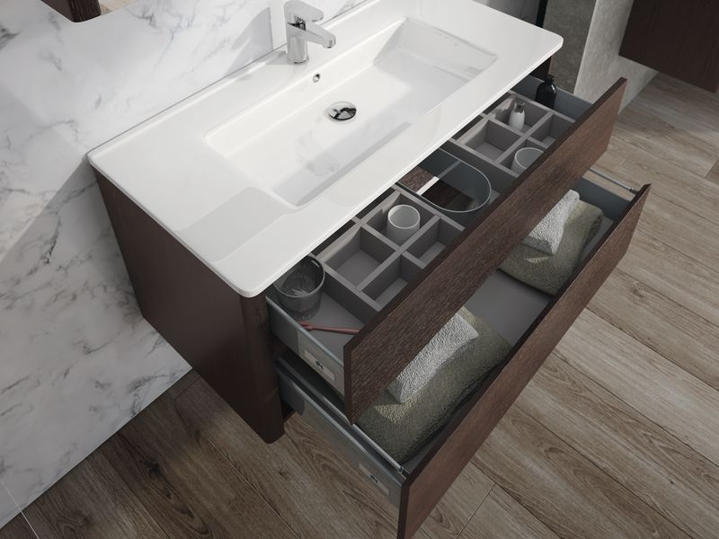 Купить ibx asun 100 см: зерк. шкаф с led подсветкой, тумба со скрытыми ручками, пенал 35 см левый (2 двери) и белая керамич. раковина, цвет мебели натуральны оптом