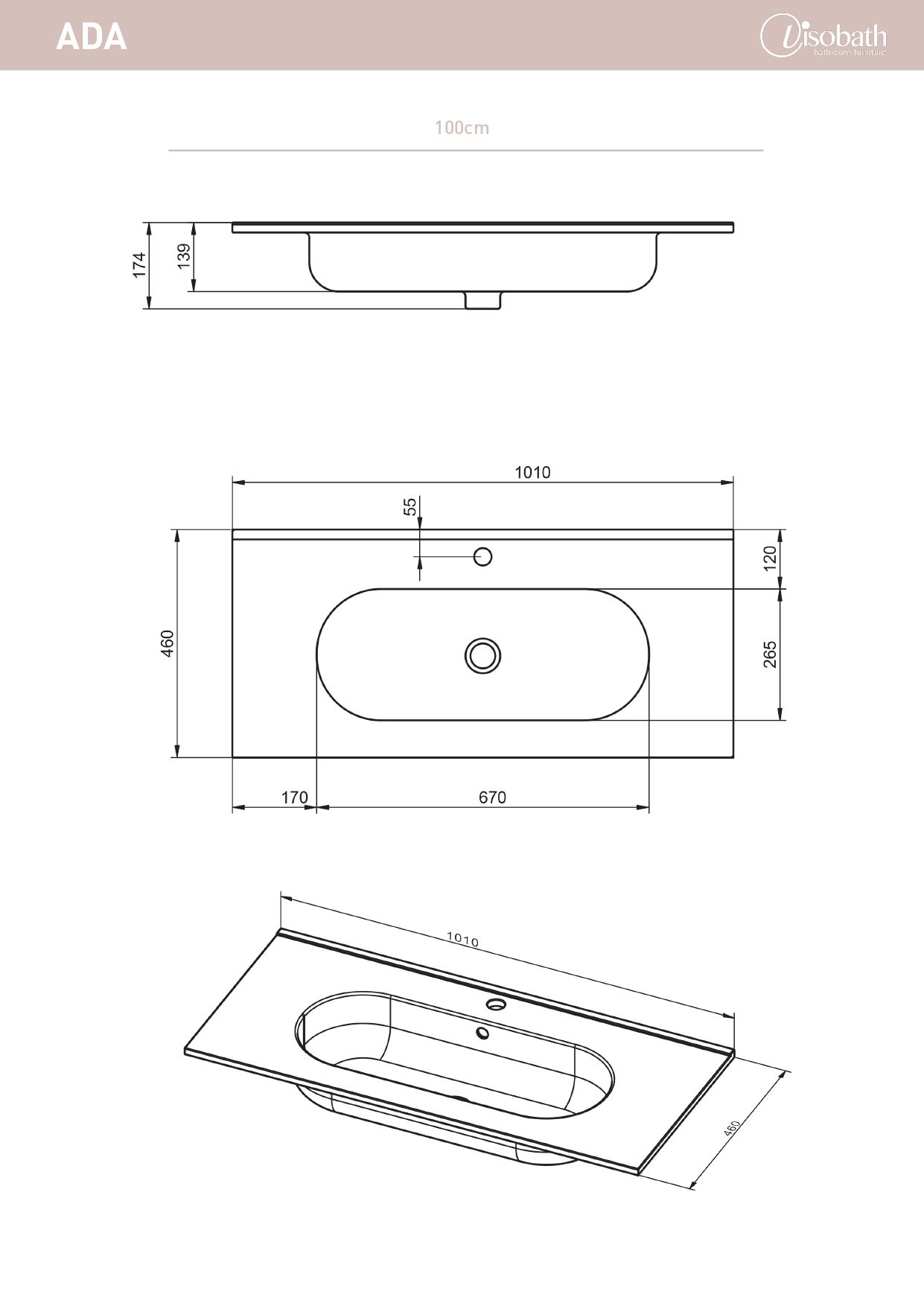 Купить visobath, керамическая раковина ada 100 см, цвет белый глянцевый оптом