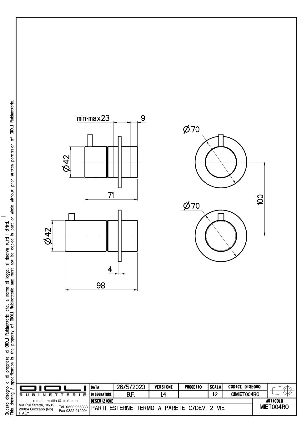 Купить смесители Oioli Micro, встраиваемый в стену терм. смеситель для душа на 2 потребителя, без вн/ч OIPITD20004B, цвет брашированное золото оптом