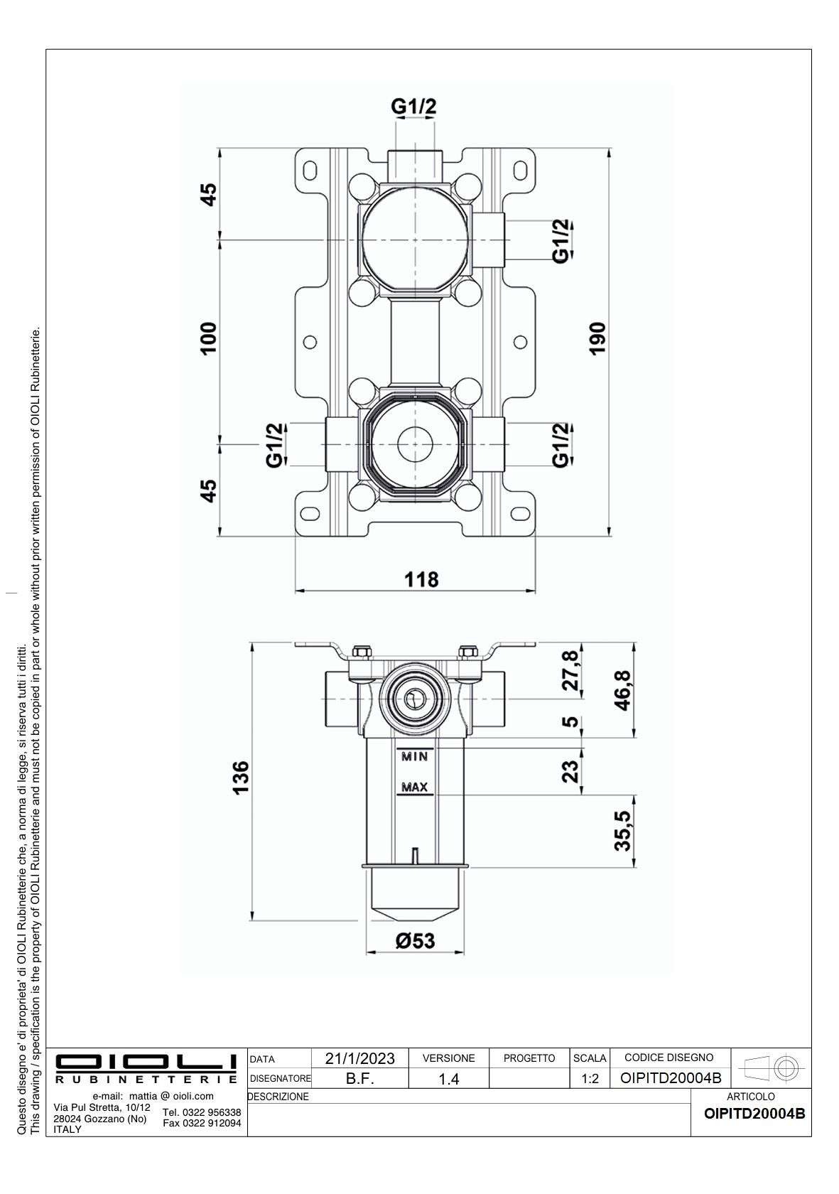 Купить смесители Oioli, внутренняя часть с боксом к встраиваемому в стену смесителю для душа на 2 потребителя c термостатом оптом