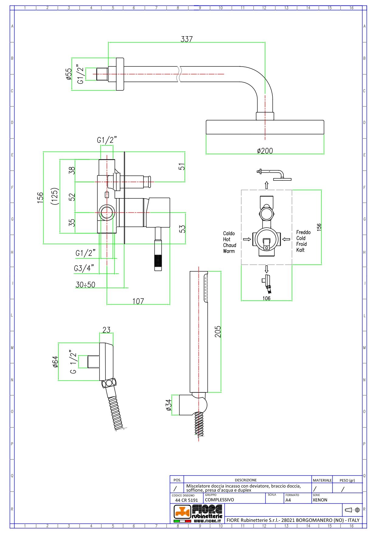 Купить fiore xenon, душевой комплект на 2 потребителя: с круглым верхним душем ø20 см и кронштейном 35 см, цвет хром оптом