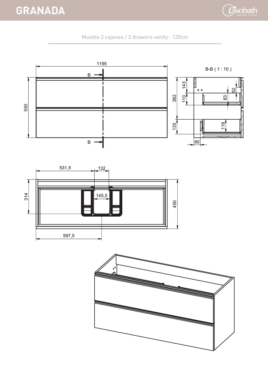 Купить visobath granada, тумба 120 см, 2 ящика c черными ручками, цвет бежевый матовый лак (cotton) оптом