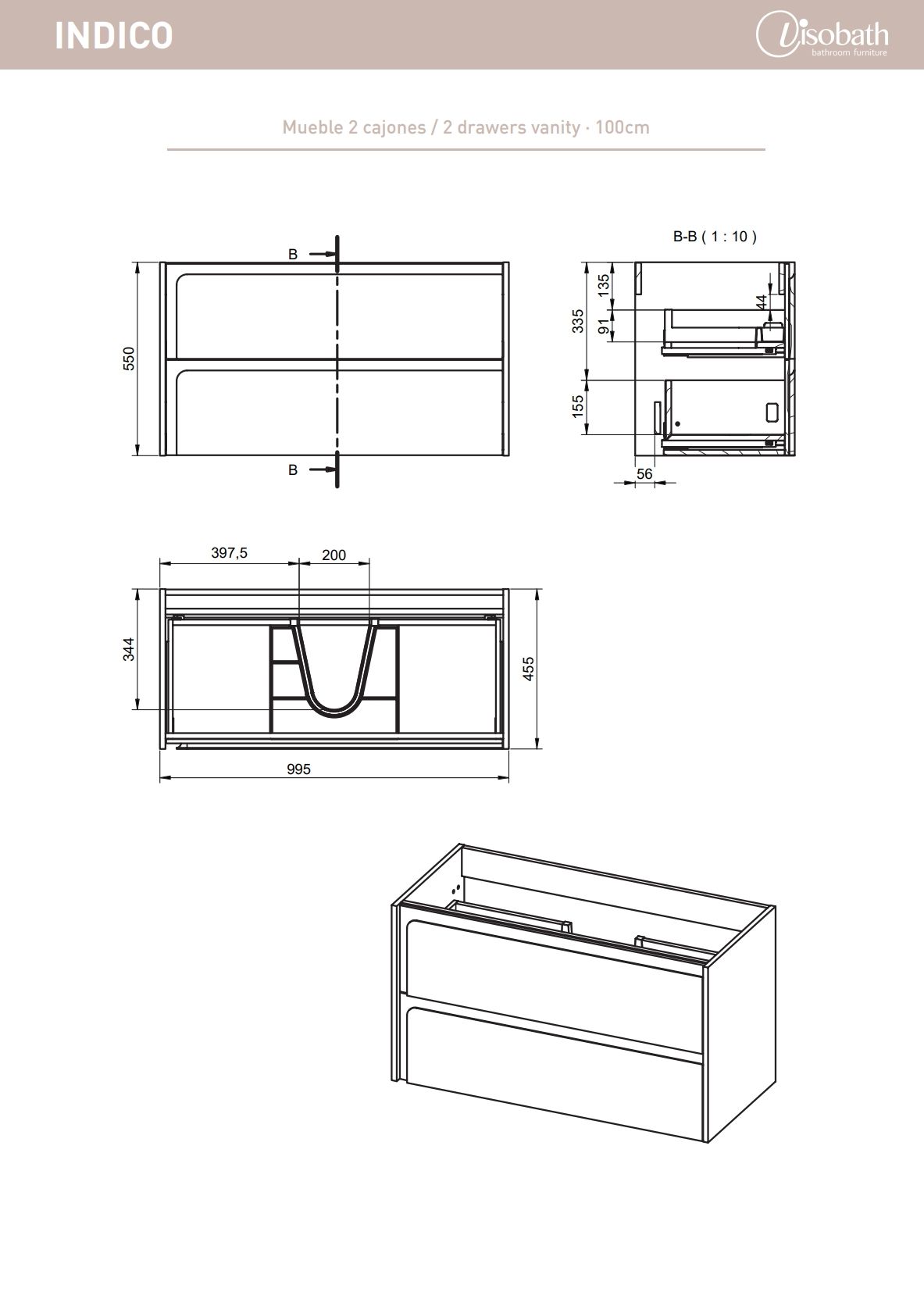 Купить visobath indico, тумба 100 см, 2 ящика cо скрытыми ручками, цвет бежевый матовый лак (cotton-valenti) оптом