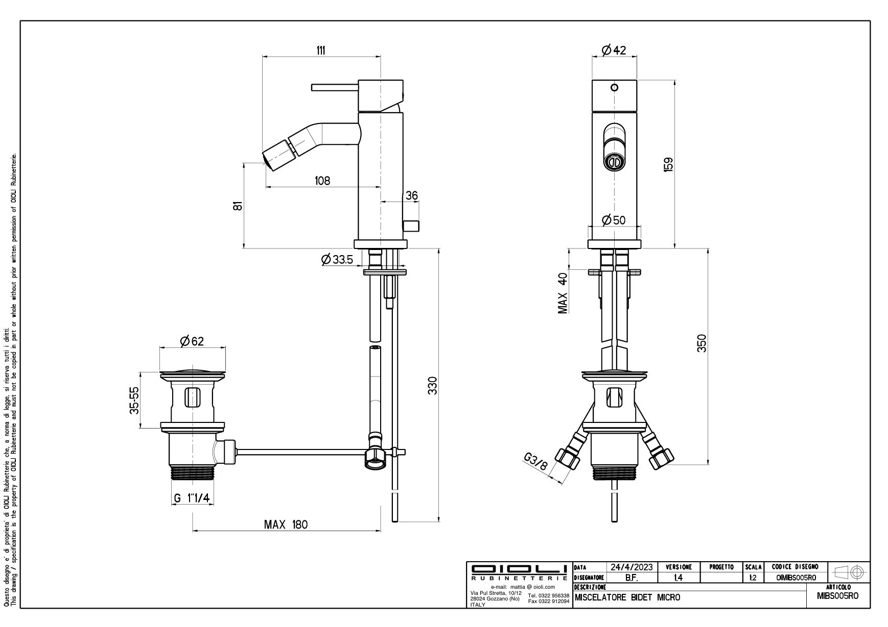 Купить смесители Oioli Micro, однорычажный смеситель для биде (излив 10.8 см), с д/к, цвет брашированное золото оптом