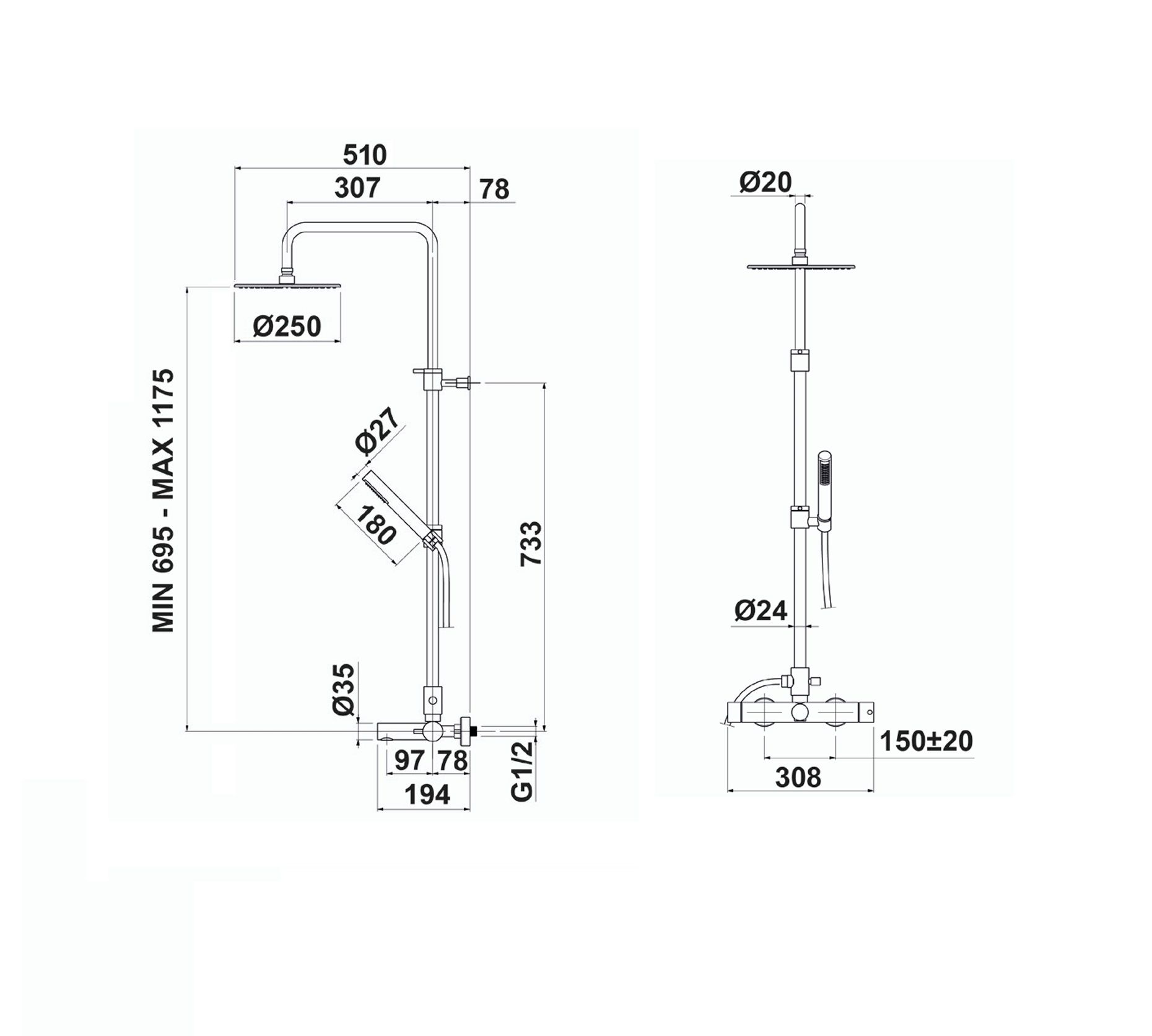 Купить oioli micro, душевая телескопическая колонна 69.5-117.5 см: с изливом и верхним душем ø25 см из латуни, цвет хром оптом