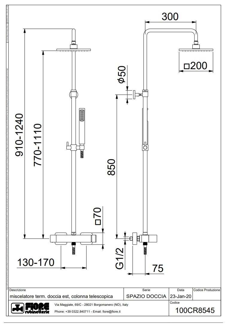Купить fiore kube, душевая колонна, регулируемая по высоте 91-124 см: с квадратным верхним душем 20х20 см и смесителем, цвет хром оптом