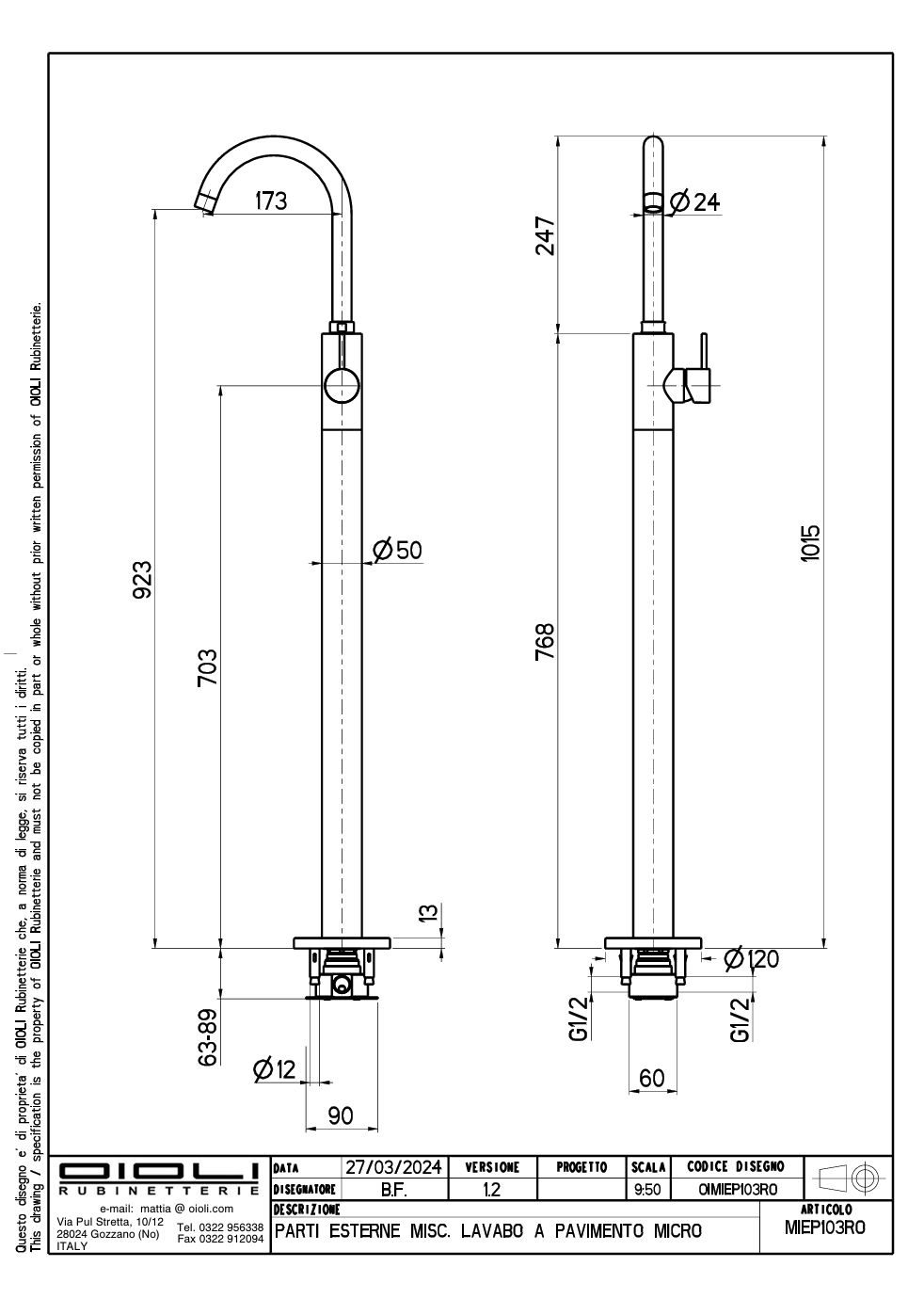Купить смесители Oioli Micro, однорычажный напольный смеситель для раковины (излив 17.3 см), без вн/ч OIPIVP35001E, цвет брашированное золото оптом