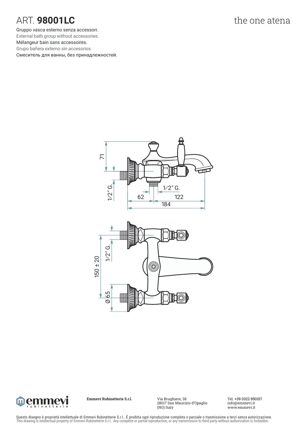 Купить смесители Emmevi The One Atena, смеситель для ванны без набора для душа, с белыми рукоятками, цвет золото оптом