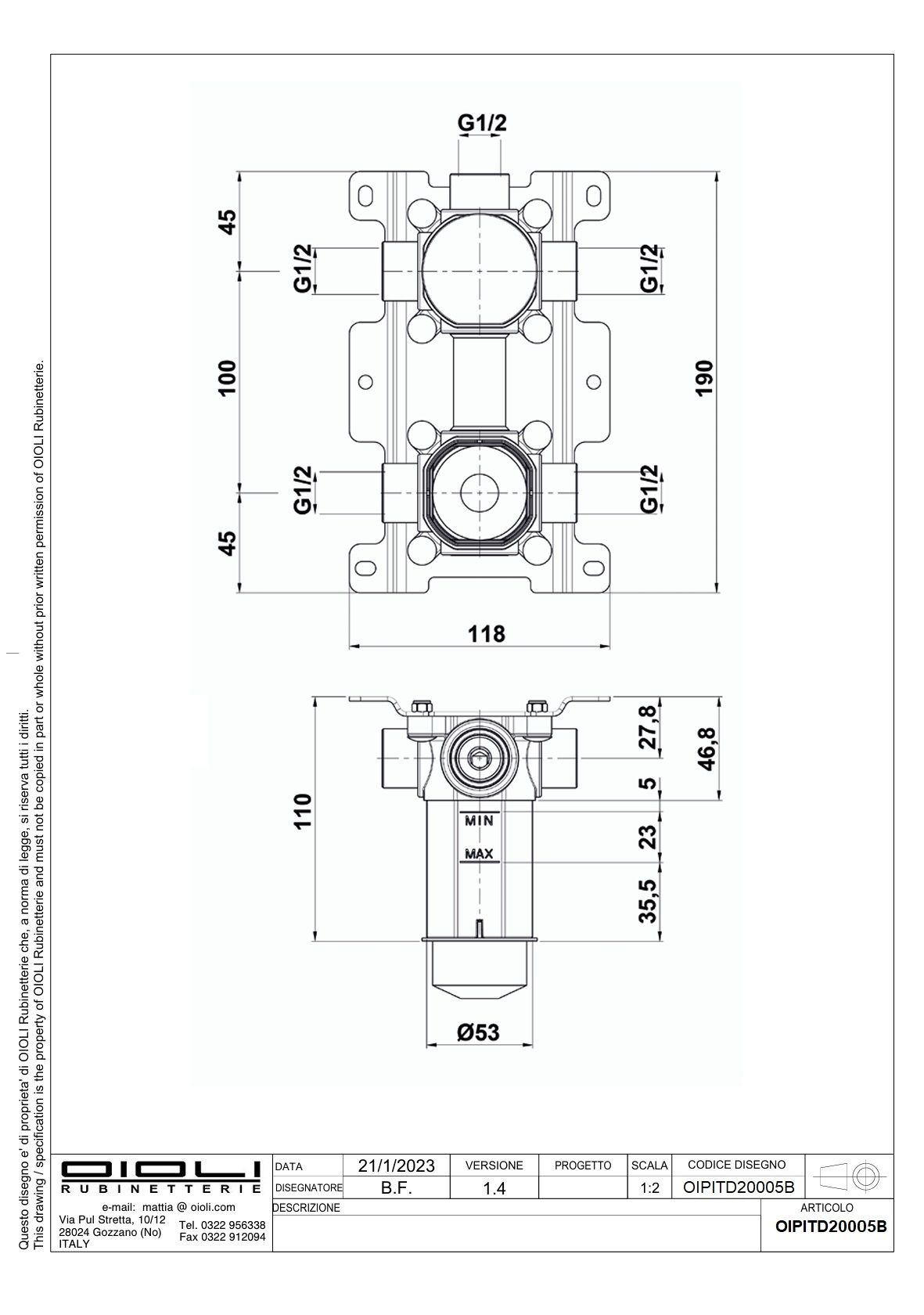 Купить смесители Oioli, внутренняя часть с боксом к встраиваемому в стену смесителю для душа на 3 потребителя c термостатом оптом