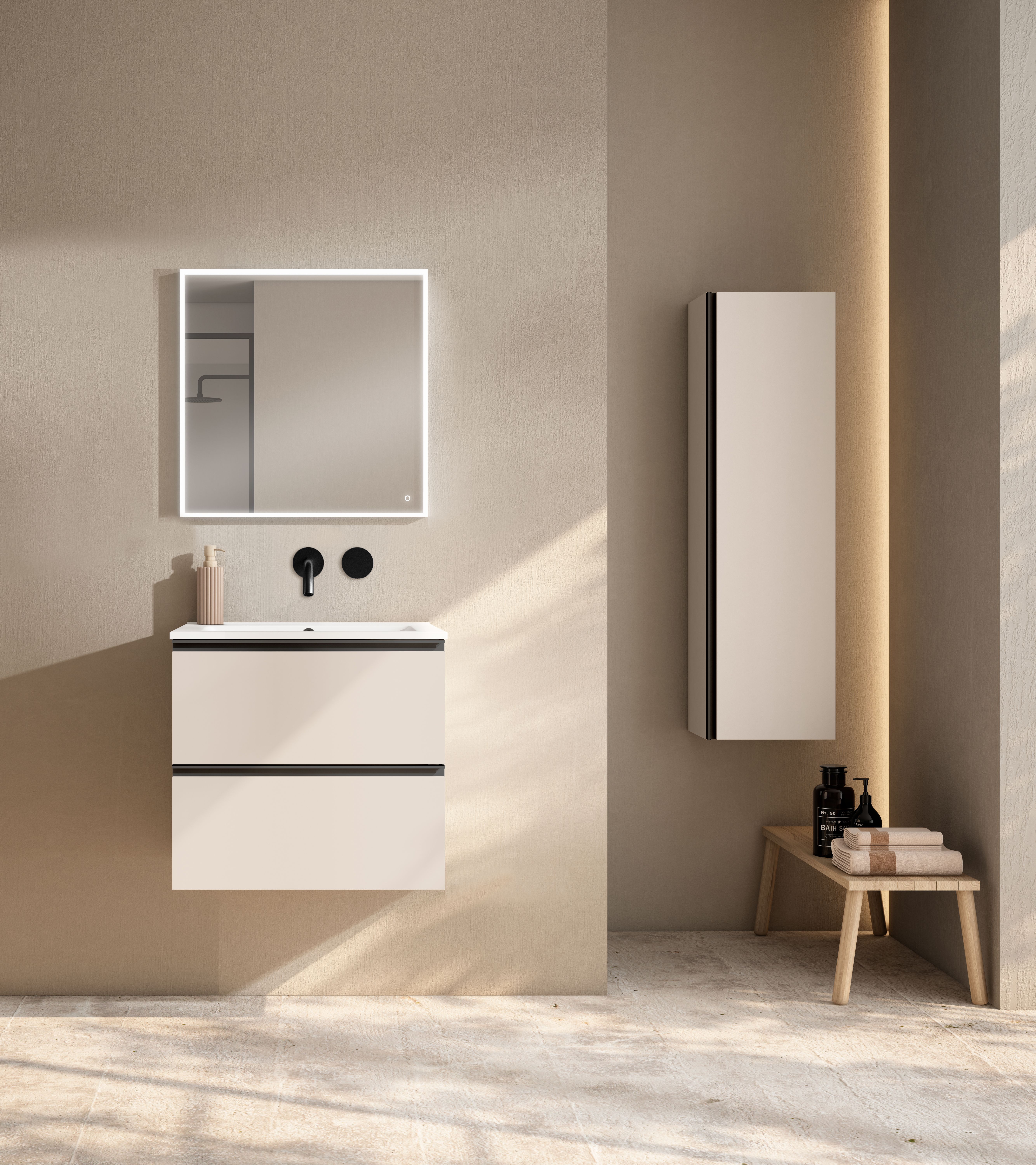 Купить visobath granada, пенал 34.5 см, дверь распашная с черной ручкой, цвет бежевый матовый лак (cotton) оптом