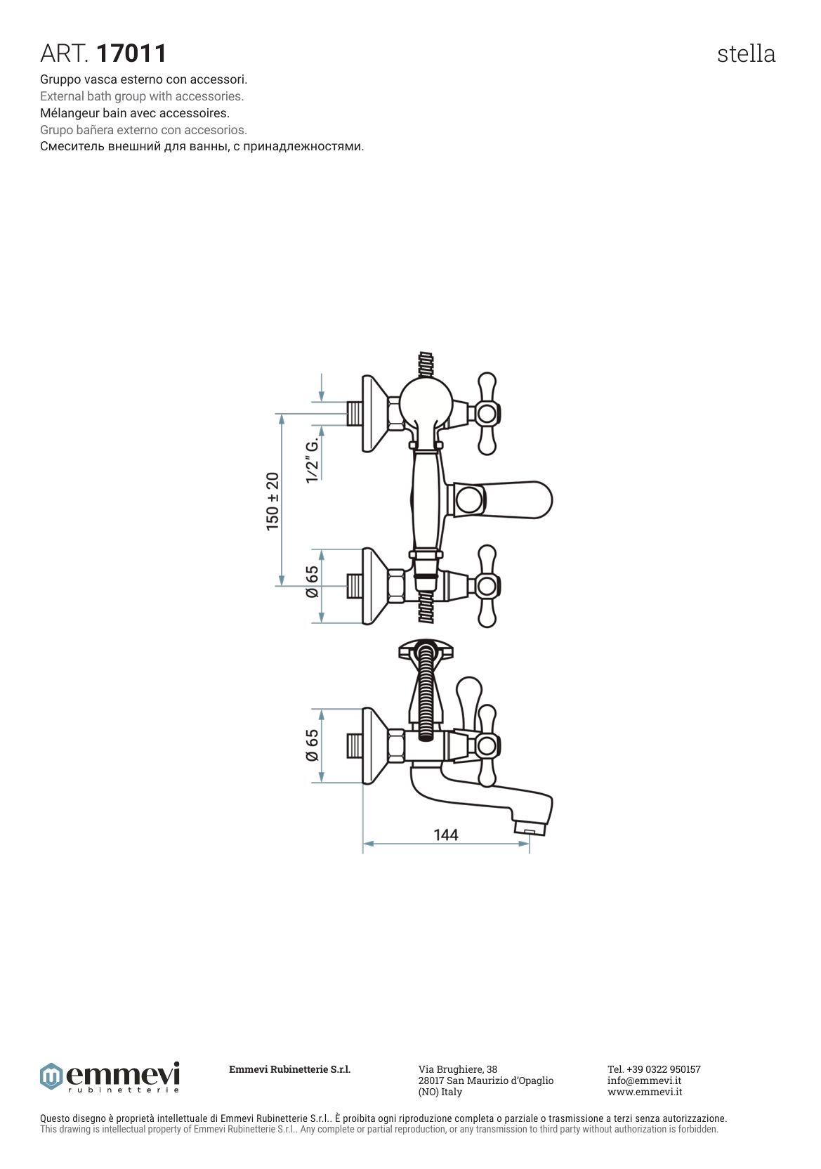 Emmevi Stella, двухвентильный смеситель для ванны (излив 14 см), с набором для душа, цвет хром