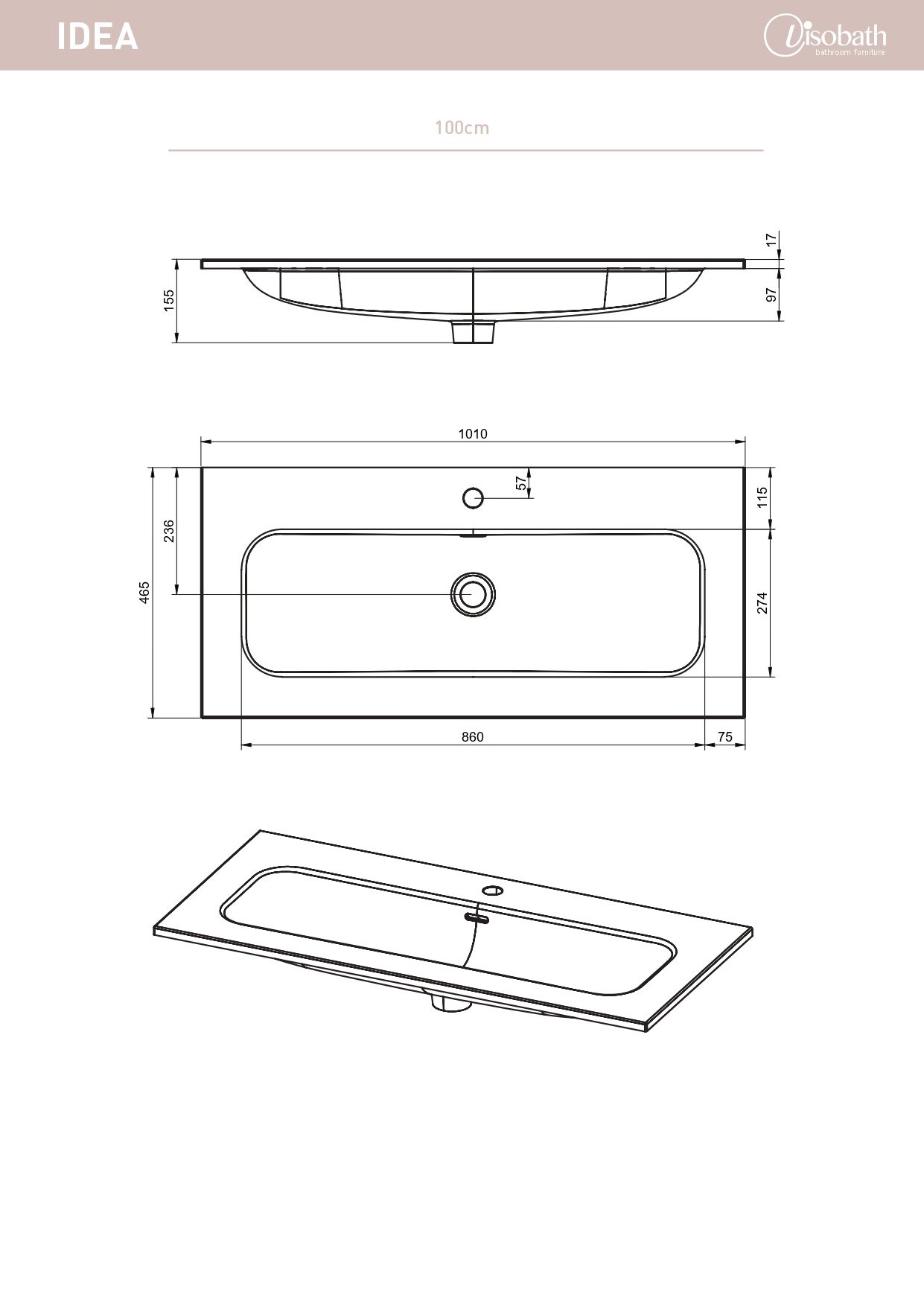 Купить visobath, керамическая раковина idea 100 см, цвет белый глянцевый оптом