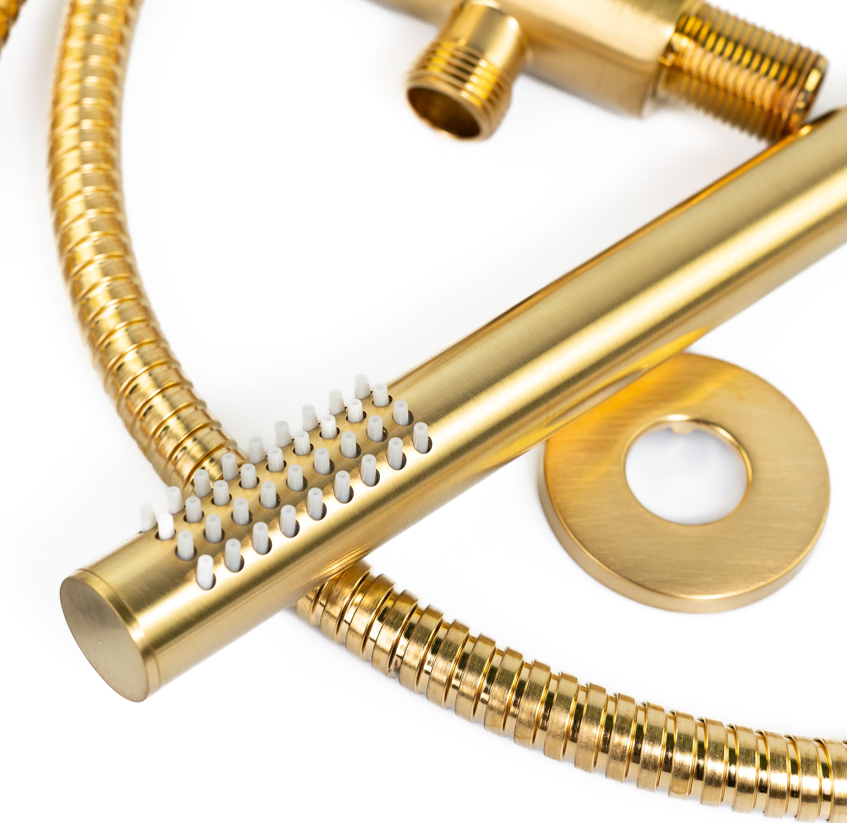 Купить emmevi, набор ручного душа 154: круглая лейка, шланг 150 см и держатель лейки с водоотводом (все детали из латуни), цвет брашированное золото оптом Купить emmevi, набор ручного душа 154: круглая лейка, шланг 150 см и держатель лейки с водоотводом (все детали из латуни), цвет брашированное золото оптом