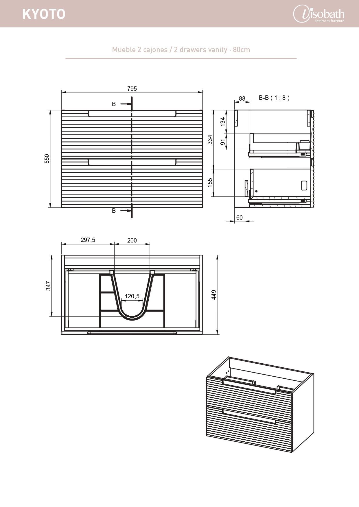 Купить visobath kyoto, тумба 80 см, 2 ящика cо скрытыми ручками, цвет кварцевый матовый лак (quarzo) оптом