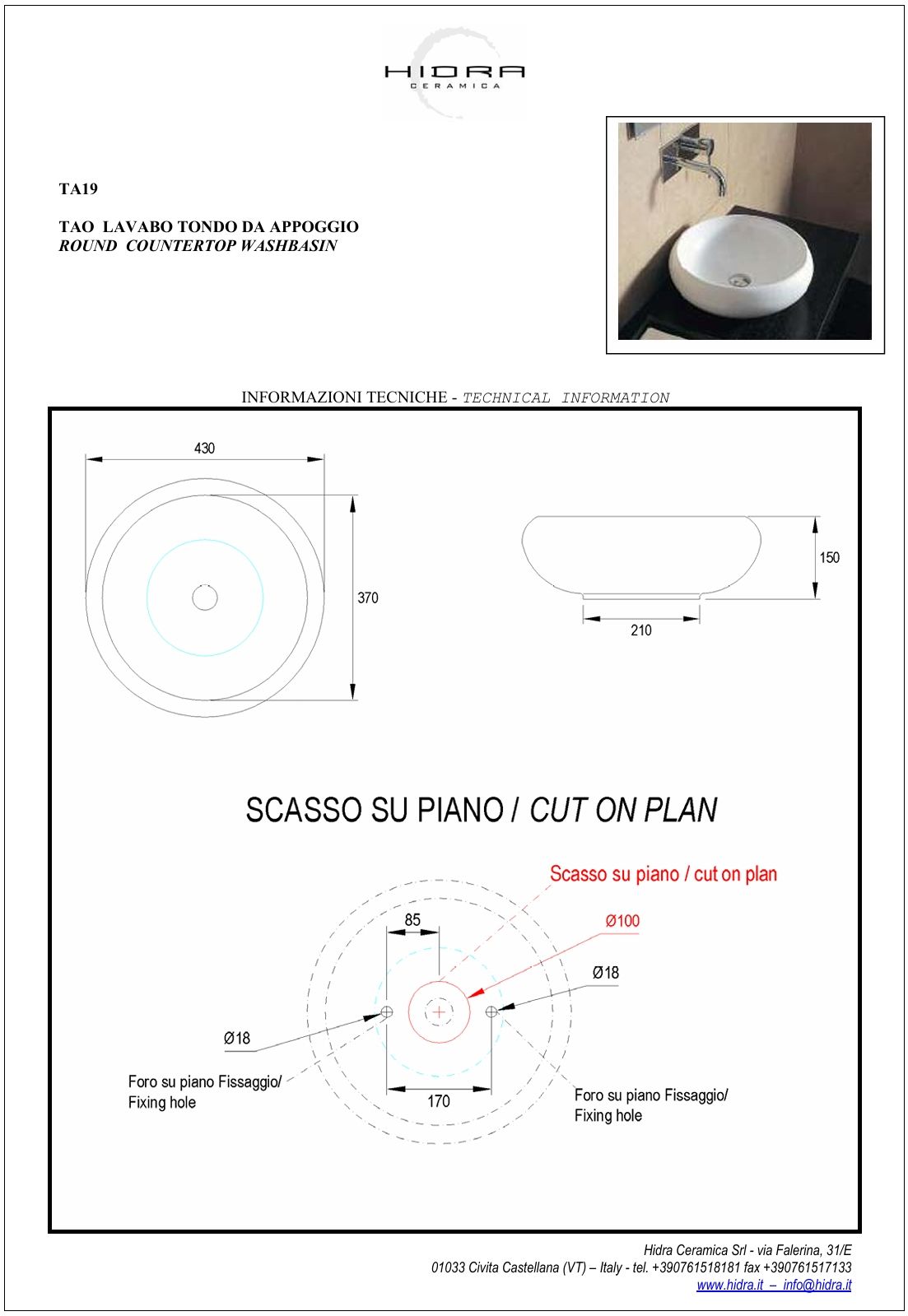 Купить hidra tao, накладная круглая раковина ø43х15h см, цвет белый глянцевый оптом Купить hidra tao, накладная круглая раковина ø43х15h см, цвет белый глянцевый оптом