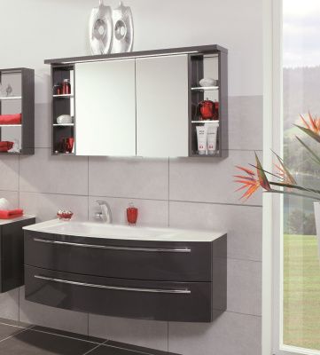 Купить puris crescendo 120 см правый: зеркальный шкаф с led подсветкой, тумба (2 ящика) и белая раковина из мин литья, цвет мебели антрацит глянцевый Купить puris crescendo 120 см правый: зеркальный шкаф с led подсветкой, тумба (2 ящика) и белая раковина из мин литья, цвет мебели антрацит глянцевый