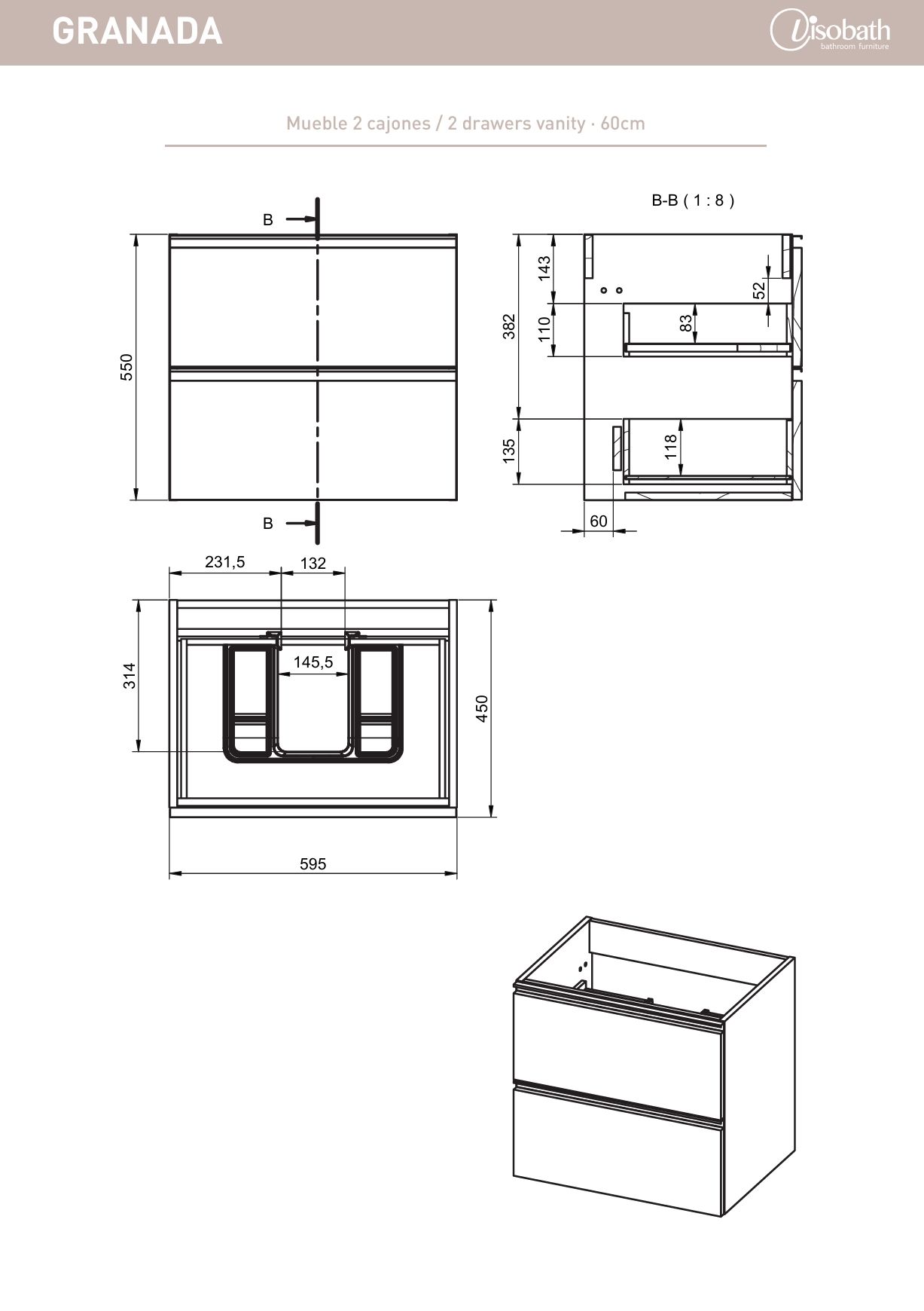 Купить visobath granada, тумба 60 см, 2 ящика c хромированными ручками, цвет белый матовый лак (b-ada) оптом