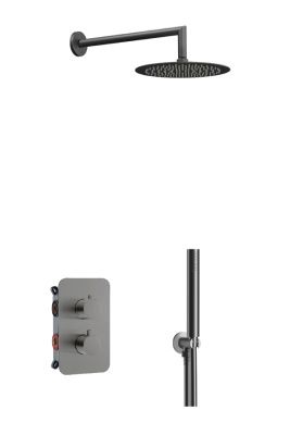 Купить aqg aqua, душевой комплект на 2 потребителя:c термостатом, с круглым верхним душем 25х25 см и кронштейном, цвет оружейная сталь (pvd) оптом