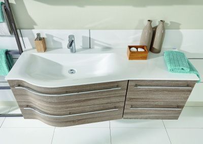 Купить puris swing 120 см правый: зеркальный шкаф с подсветкой, тумба (4 ящика), пенал 30 см левый (1 дверь) и белая раковина из мин литья, цвет мебели белый