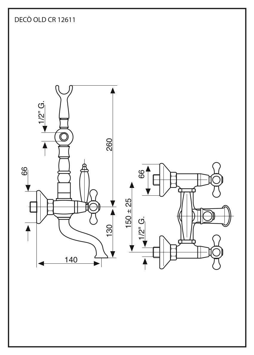 Emmevi Deco Old, 12611-6/OR, двухвентильный смеситель для ванны (излив 14 см), с набором для душа (лейка и дивертер с белой ручкой), цвет золото  