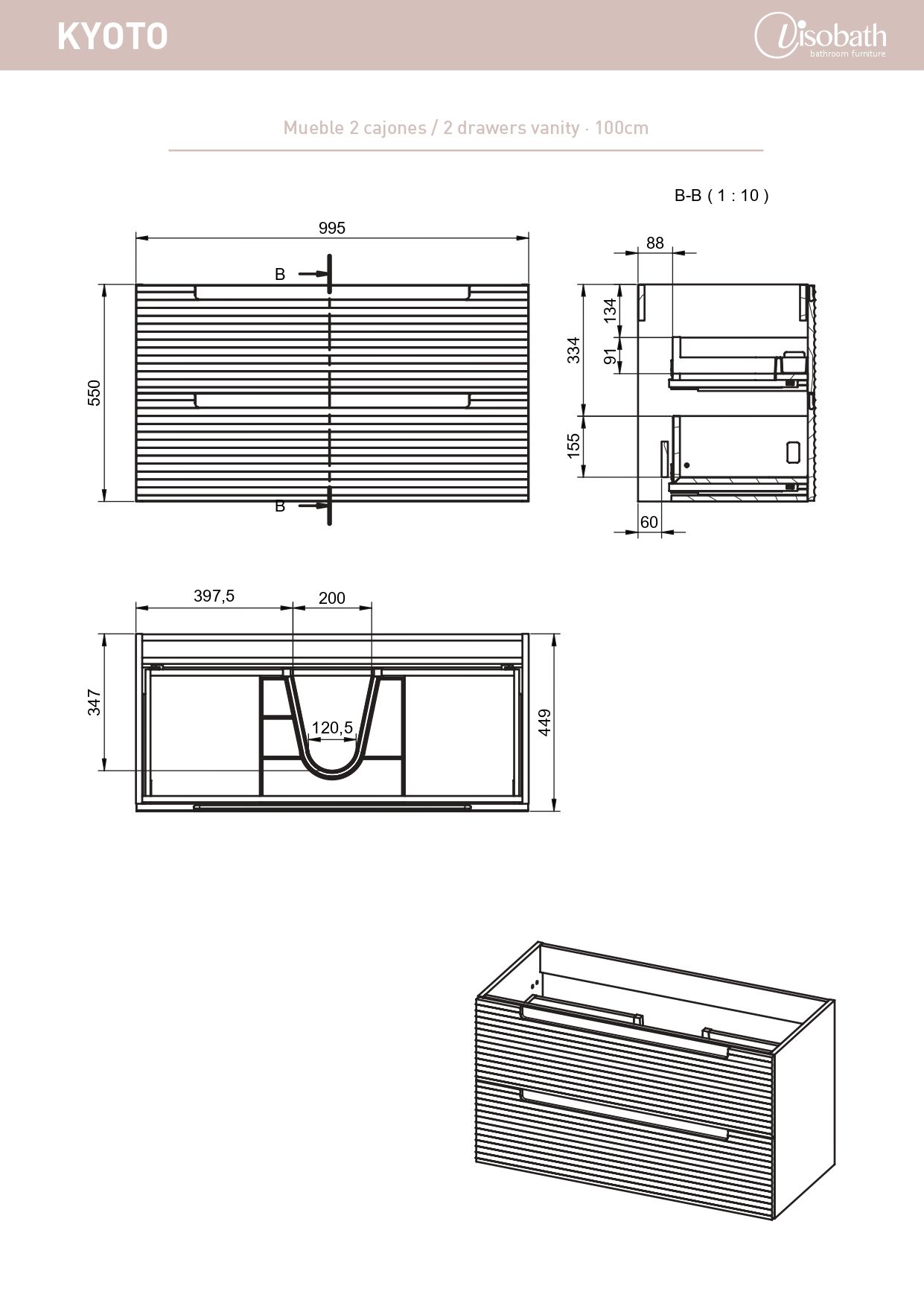 Купить visobath kyoto, тумба 100 см, 2 ящика cо скрытыми ручками, цвет кварцевый матовый лак (quarzo) оптом