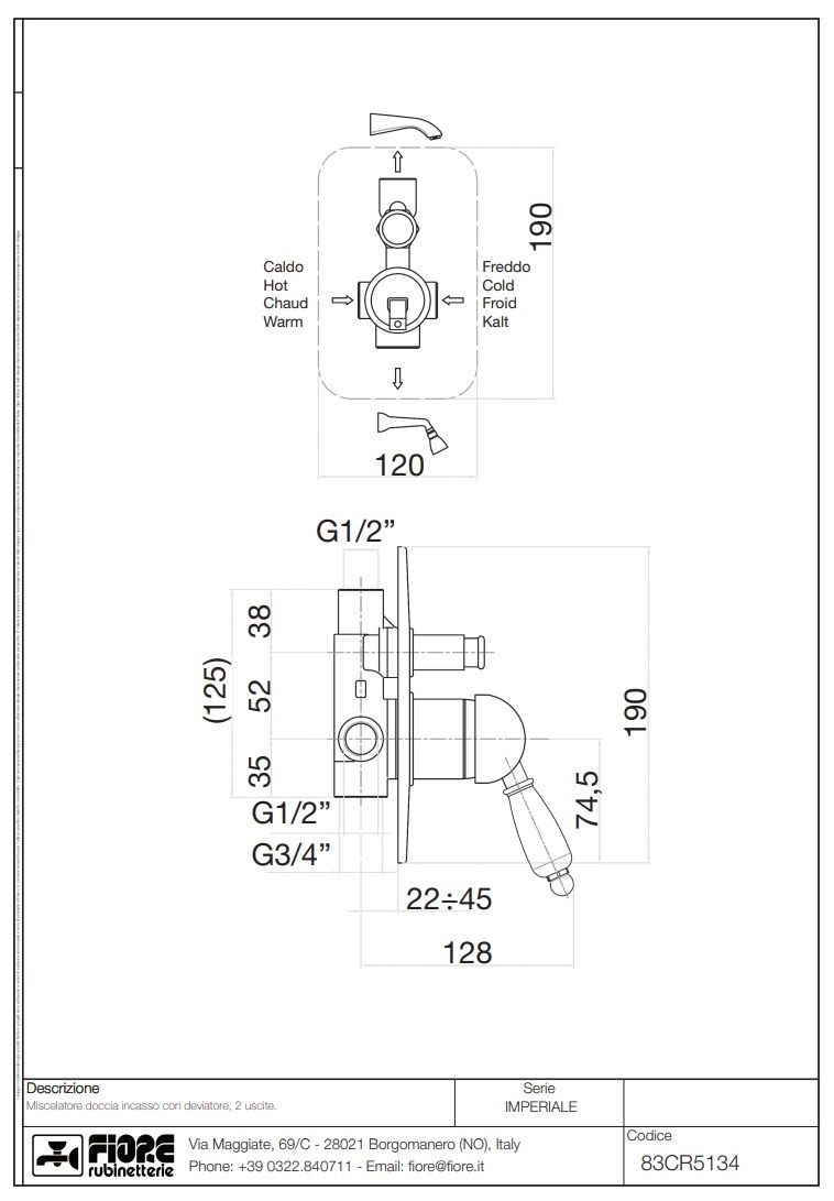 Купить смесители fiore imperiale, встраиваемый в стену однорычажный смеситель для душа на 2 выхода, цвет хром оптом