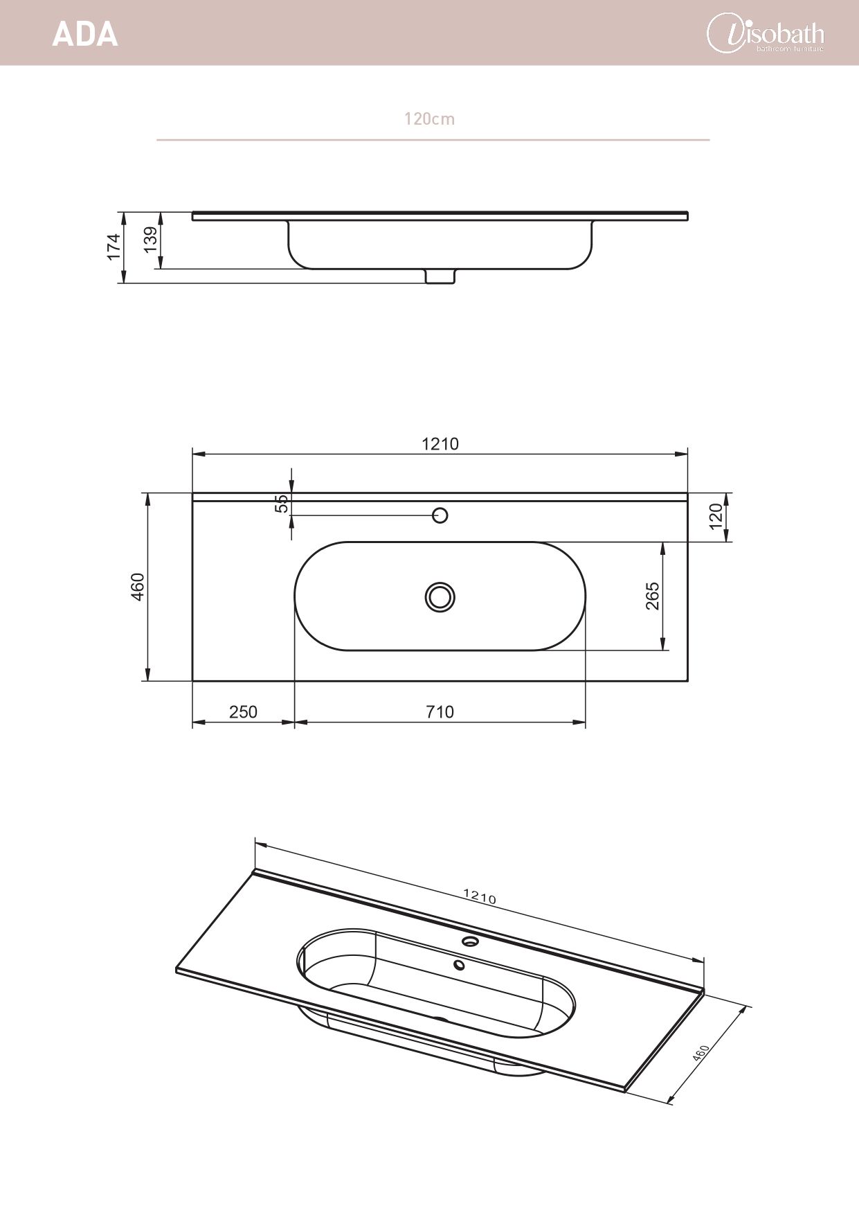 Купить visobath, керамическая раковина ada 120 см, цвет белый глянцевый оптом
