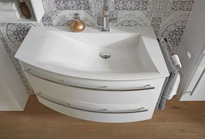 Купить puris crescendo 90 см левый: зеркальный шкаф с led подсветкой, тумба (2 ящика) и белая раковина из мин литья, цвет мебели антрацит глянцевый