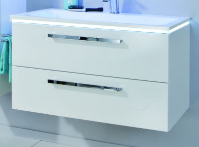 Купить puris star line 90 см: зеркало с led подсветкой, тумба (2 ящика) и белая раковина из мин литья, цвет мебели белый глянцевый