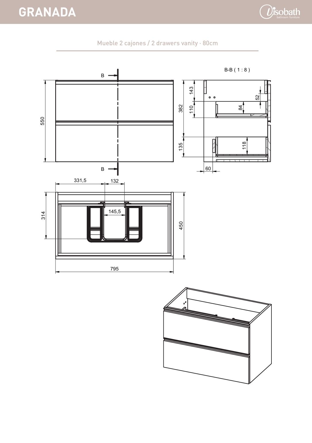 Купить visobath granada, тумба 80 см, 2 ящика c черными ручками, цвет бежевый матовый лак (cotton) оптом
