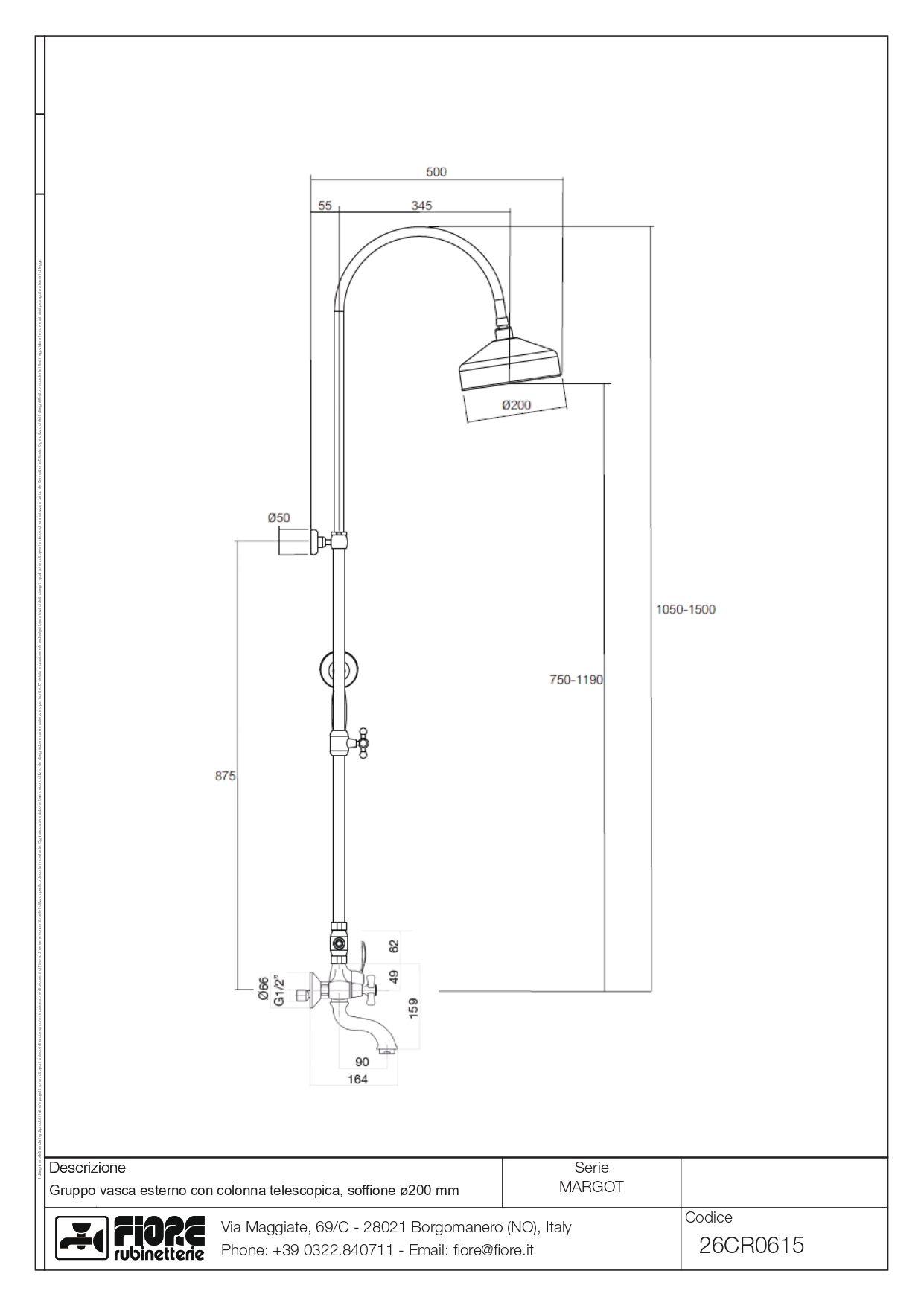 Купить fiore margot, душевая колонна регулируемая по высоте 105-150 см: с верхним душем ø20 см и смесителем с изливом, цвет хром оптом