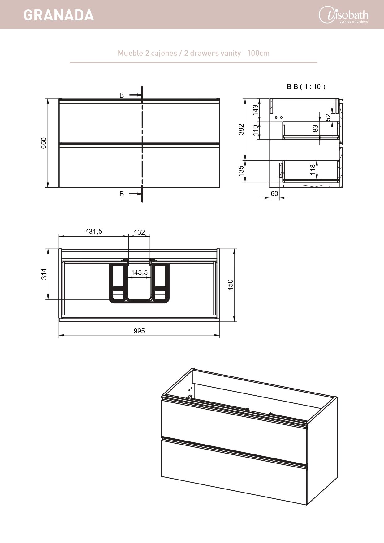 Купить visobath granada, тумба 100 см, 2 ящика c черными ручками, цвет орех (valenti) оптом