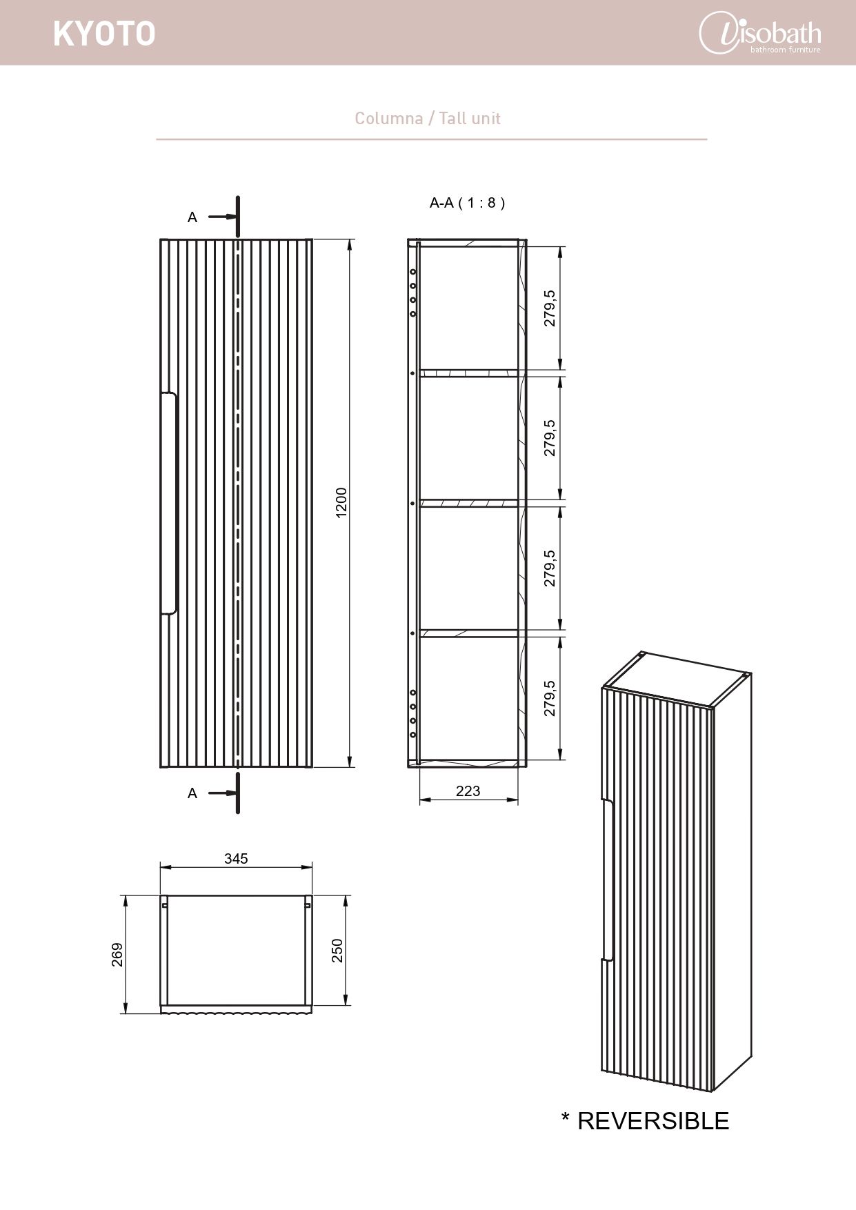 Купить visobath kyoto, пенал 34.5 см, дверь распашная, цвет кварцевый матовый лак (quarzo) оптом