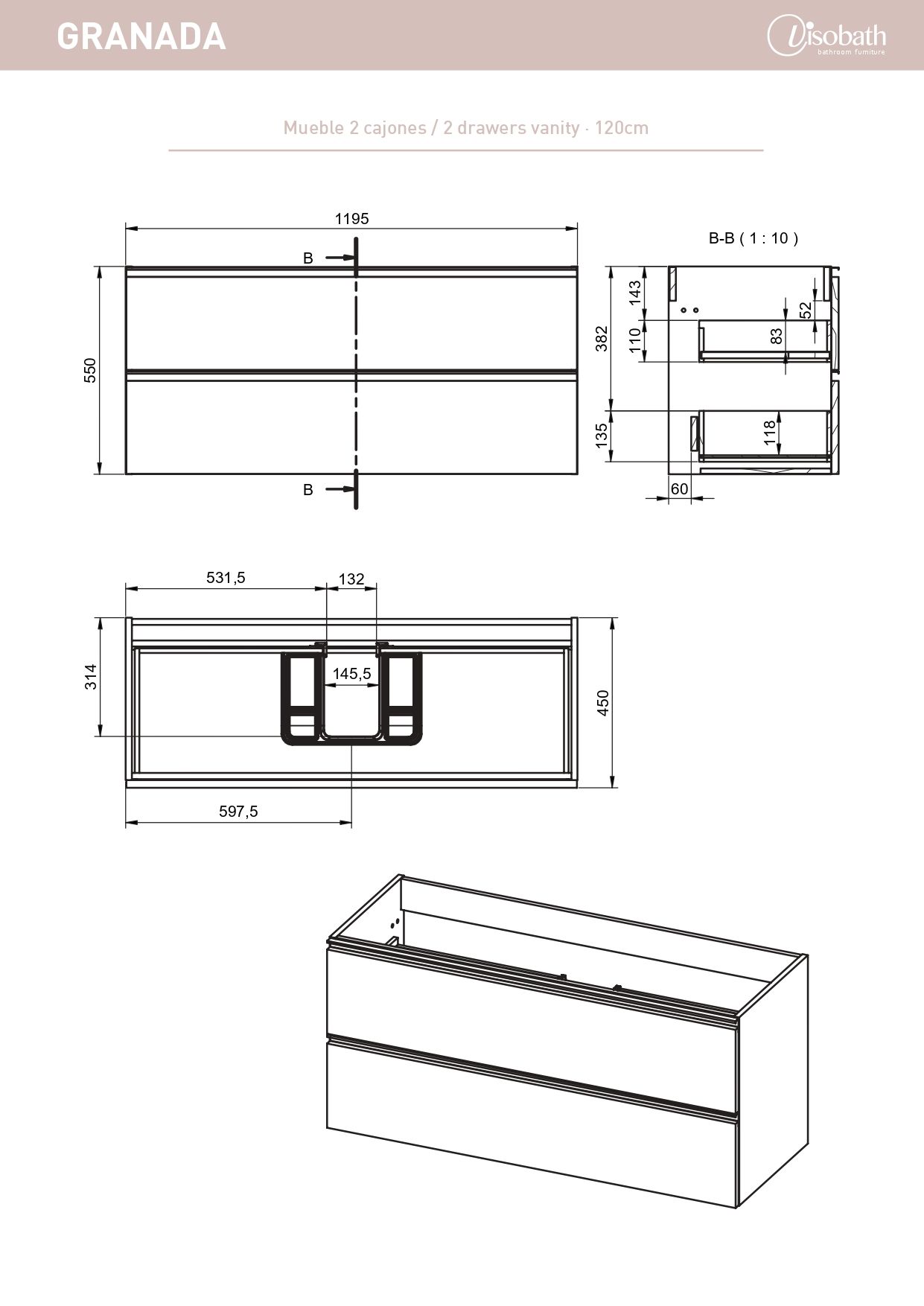 Купить visobath granada, тумба 120 см, 2 ящика c черными ручками, цвет орех (valenti) оптом