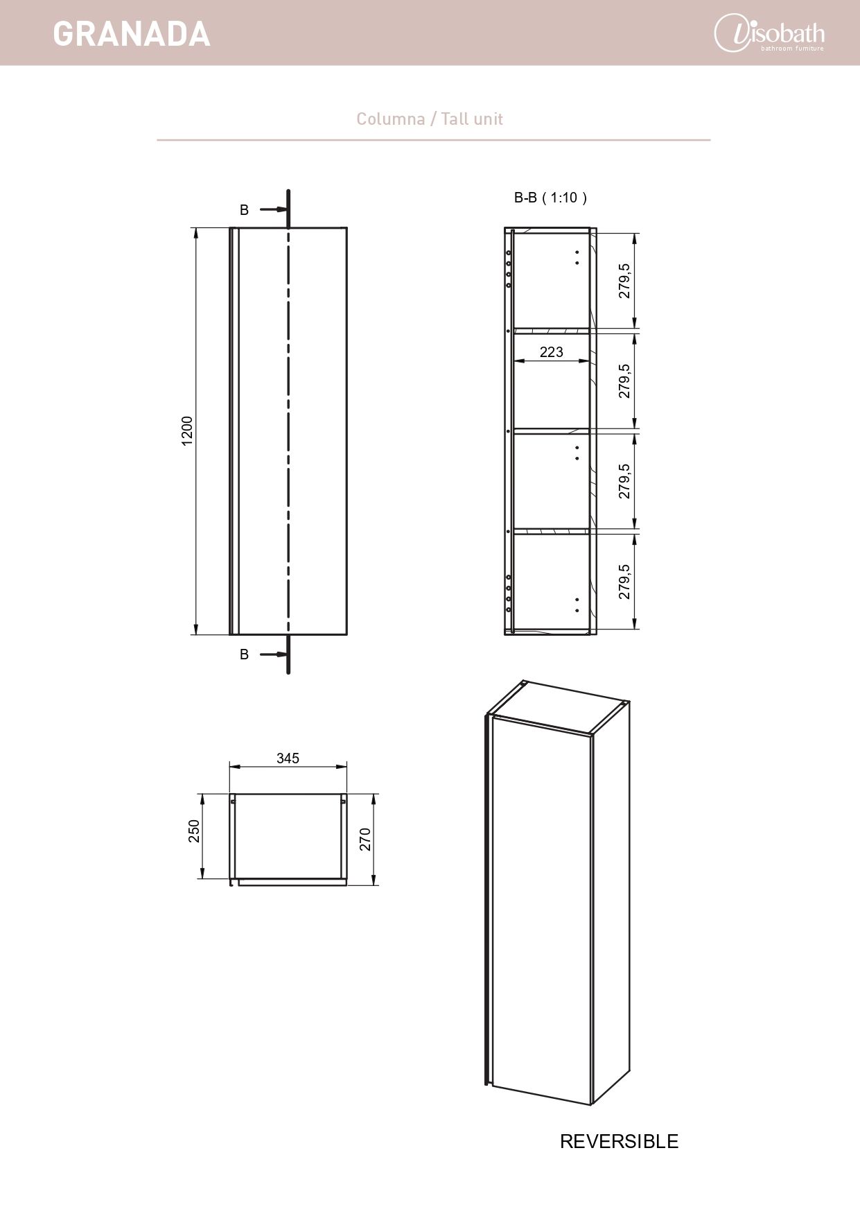 Купить visobath granada, пенал 34.5 см, дверь распашная с черной ручкой, цвет кварцевый матовый лак (quarzo) оптом