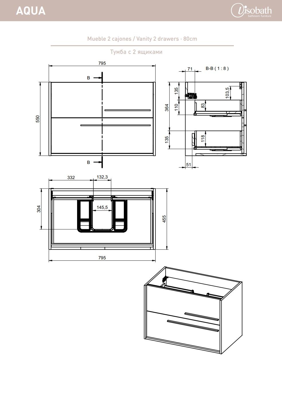 Купить visobath aqua, тумба 80 см, 2 ящика c хромированными ручками, цвет пепельный матовый лак (ceniza) оптом